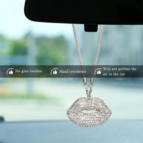 Bling Lip Car Rear View Mirror Charm, Lip Diamond Cute Automotive Rear View Mirror Hanging Ornament, Glitter Rhinestone Charm Pendant Vehicle Interior Decoration for Women (White) in Saudi Arabia
