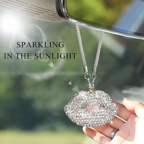 Bling Lip Car Rear View Mirror Charm, Lip Diamond Cute Automotive Rear View Mirror Hanging Ornament, Glitter Rhinestone Charm Pendant Vehicle Interior Decoration for Women (White) in Saudi Arabia