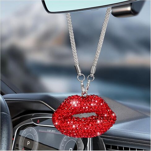 Bling Lip Car Rear View Mirror Charm, Lip Diamond Cute Automotive Rear View Mirror Hanging Ornament, Glitter Rhinestone Charm Pendant Vehicle Interior Decoration for Women (White) in Saudi Arabia