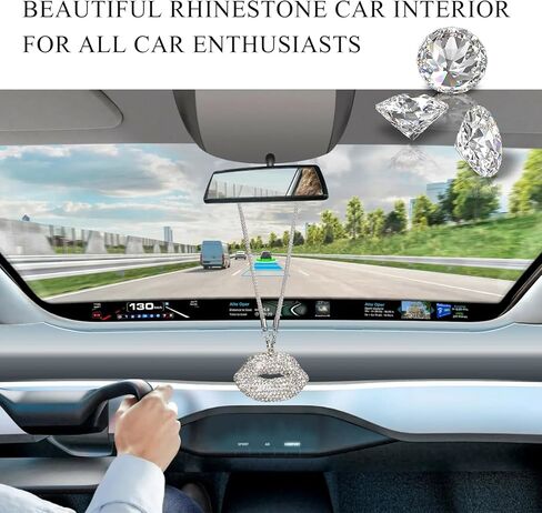 Bling Lip Car Rear View Mirror Charm, Lip Diamond Cute Automotive Rear View Mirror Hanging Ornament, Glitter Rhinestone Charm Pendant Vehicle Interior Decoration for Women (White) in Saudi Arabia