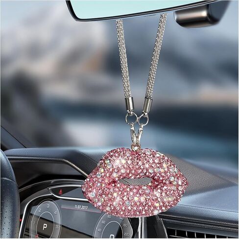 Bling Lip Car Rear View Mirror Charm, Lip Diamond Cute Automotive Rear View Mirror Hanging Ornament, Glitter Rhinestone Charm Pendant Vehicle Interior Decoration for Women (White) in Saudi Arabia