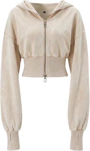 Gihuo Womens Cropped Hoodie Zip Up Sweatshirt Long Sleeve Hooded Workout Jacket 2026 Washed Crop Top in Saudi Arabia