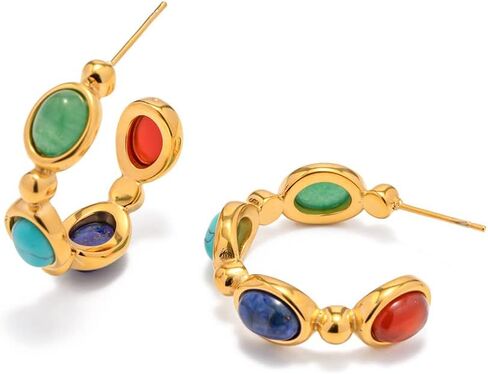 14K Gold Embellished Gemstone C-Shape Earrings - Sparkling Gold Hoop Earrings with Colored Stones, Ideal for Bridal, Women, and Mother's Day Gift in Saudi Arabia