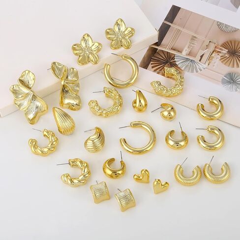 12 زوجًا من الأقراط الذهبية المكتنزة للنساء لا تسبب الحساسية سميكة مفتوحة ملتوية مجموعة أقراط هاجي العصرية على شكل ورقة زهرة أقراط متدلية ذهبية in Kuwait