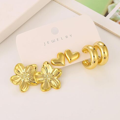 12 زوجًا من الأقراط الذهبية المكتنزة للنساء لا تسبب الحساسية سميكة مفتوحة ملتوية مجموعة أقراط هاجي العصرية على شكل ورقة زهرة أقراط متدلية ذهبية in Kuwait