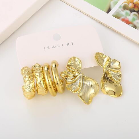 12 زوجًا من الأقراط الذهبية المكتنزة للنساء لا تسبب الحساسية سميكة مفتوحة ملتوية مجموعة أقراط هاجي العصرية على شكل ورقة زهرة أقراط متدلية ذهبية in Kuwait