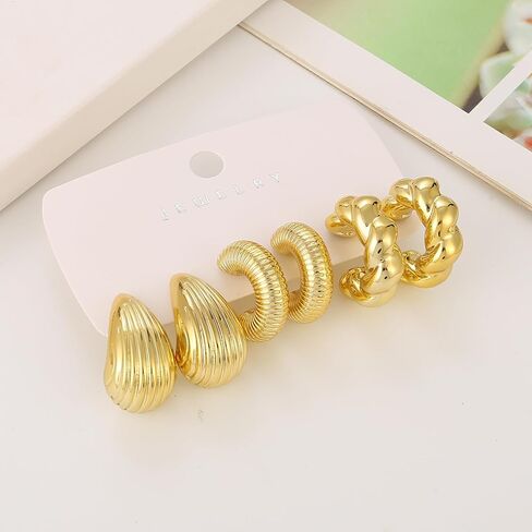 12 زوجًا من الأقراط الذهبية المكتنزة للنساء لا تسبب الحساسية سميكة مفتوحة ملتوية مجموعة أقراط هاجي العصرية على شكل ورقة زهرة أقراط متدلية ذهبية in Kuwait