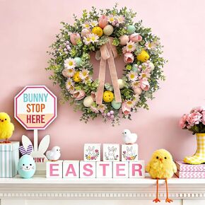 22 Inch Easter Wreath for Front Door with Easter Eggs, Eucalyptus Leaves, Daisies, Tulips, & Plush Chicks, Easter Spring Wreath with Velvet Ribbon Bow Decorations for Home in Saudi Arabia