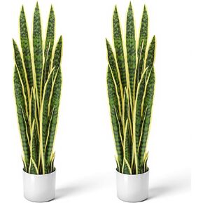 Crowye 2 Pack 3.17Ft Artificial Snake Plant 38'' Sansevieria Plant with 32 Leaves Large Artificial Snake Plant Bulk Fake Snake Plant Faux Plants in Pot for Home Office Housewarming Gift (Yellow Edge) in Kuwait