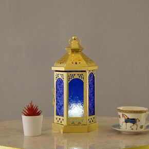 فانوس شموع ذهبي على الطراز المغربي، حامل شموع معدني مقاس 11 بوصة، معلق في الداخل للمنزل وحفلات الزفاف وديكور رمضان (زجاج أخضر) in Kuwait