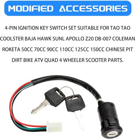 مفتاح إشعال مع مفتاح، مجموعة مفاتيح إشعال مكونة من 4 أسلاك لـ 50cc 70cc 90cc 110cc 125cc 150cc TaoTao Coolster Sunl Apollo Baja الصينية ATV Quad Dirt Bike و4 قطع غيار سكوتر (قطعتان) in Kuwait