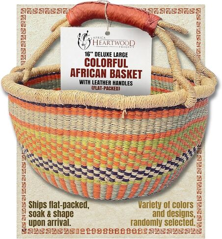 Africa Heartwood Project Deluxe Colorful African Basket with Leather Handles - Handmade from dried Elephant Grass, Hand-Woven by Women in Bolgatanga, Ghana - Large 16" Round Flat-packed in Kuwait