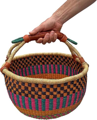 Africa Heartwood Project Deluxe Colorful African Basket with Leather Handles - Handmade from dried Elephant Grass, Hand-Woven by Women in Bolgatanga, Ghana - Large 16" Round Flat-packed in Kuwait