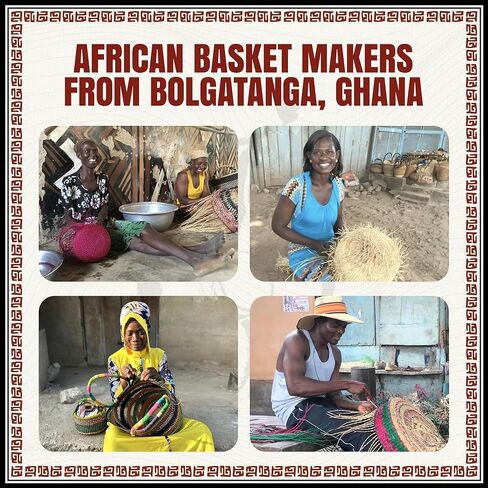 Africa Heartwood Project Deluxe Colorful African Basket with Leather Handles - Handmade from dried Elephant Grass, Hand-Woven by Women in Bolgatanga, Ghana - Large 16" Round Flat-packed in Kuwait