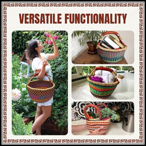 Africa Heartwood Project Deluxe Colorful African Basket with Leather Handles - Handmade from dried Elephant Grass, Hand-Woven by Women in Bolgatanga, Ghana - Large 16" Round Flat-packed in Kuwait