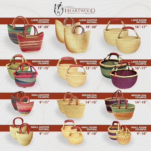 Africa Heartwood Project Deluxe Colorful African Basket with Leather Handles - Handmade from dried Elephant Grass, Hand-Woven by Women in Bolgatanga, Ghana - Large 16" Round Flat-packed in Kuwait