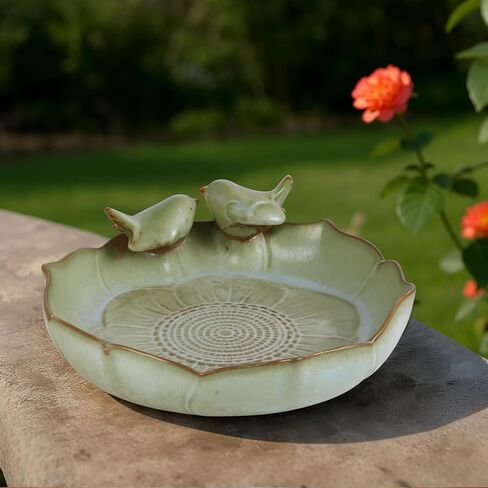 Ceramic Bird Bath Bowl with Perched Birds - Premium Outdoor Tabletop Birdbath Basin in Weather-Resistant Glaze - Usable on Ground, Deck or Tabletop in Saudi Arabia