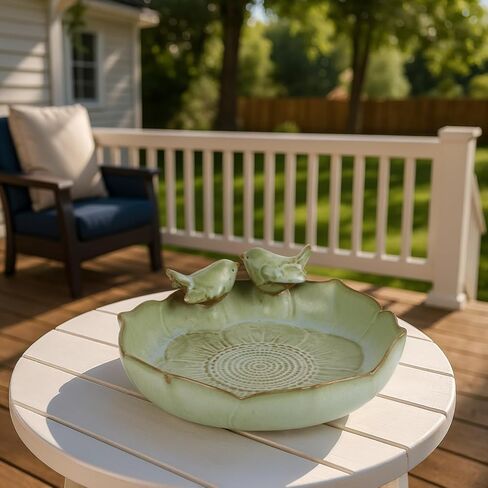 Ceramic Bird Bath Bowl with Perched Birds - Premium Outdoor Tabletop Birdbath Basin in Weather-Resistant Glaze - Usable on Ground, Deck or Tabletop in Saudi Arabia