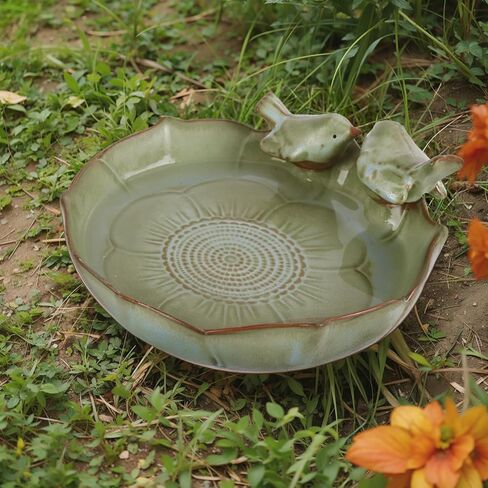 Ceramic Bird Bath Bowl with Perched Birds - Premium Outdoor Tabletop Birdbath Basin in Weather-Resistant Glaze - Usable on Ground, Deck or Tabletop in Saudi Arabia
