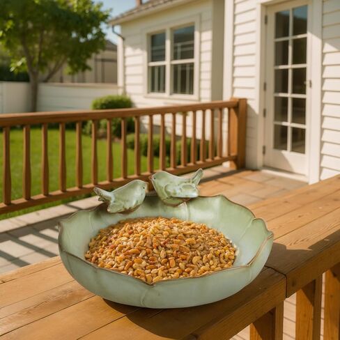 Ceramic Bird Bath Bowl with Perched Birds - Premium Outdoor Tabletop Birdbath Basin in Weather-Resistant Glaze - Usable on Ground, Deck or Tabletop in Saudi Arabia