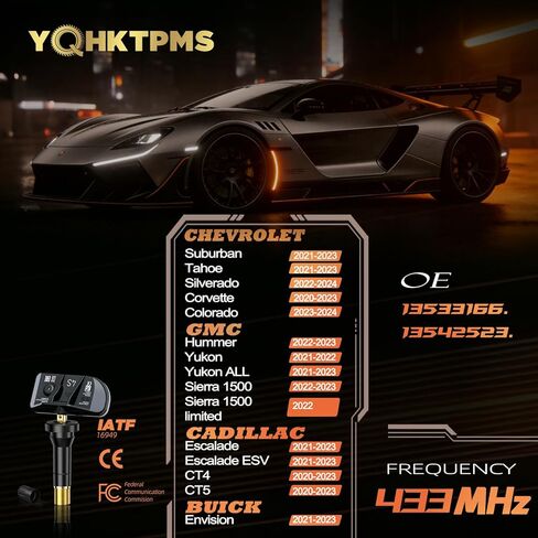 مستشعر الإطارات TPMS GM 433 ميجاهرتز مبرمج مسبقًا، مع➥CHEVROLET Silverado(22-24)Tahoe(21-23)Colorado(23-24)Corvette(20-21)➥GMC Yukon(21-23)➥BUICK Envision(21-23)➥CADILLAC Escalade(21-23)(مجموعة من 4) in Kuwait