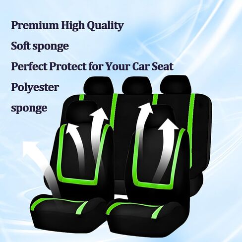 Car Seat Cover Full Set, Soft Breathable Vehicle Front and Rear Split Bench Seat Protector, Comfortable Auto Interior Chair Protection Cover, Universal for Truck SUV Sedan (Black/Green) in Saudi Arabia