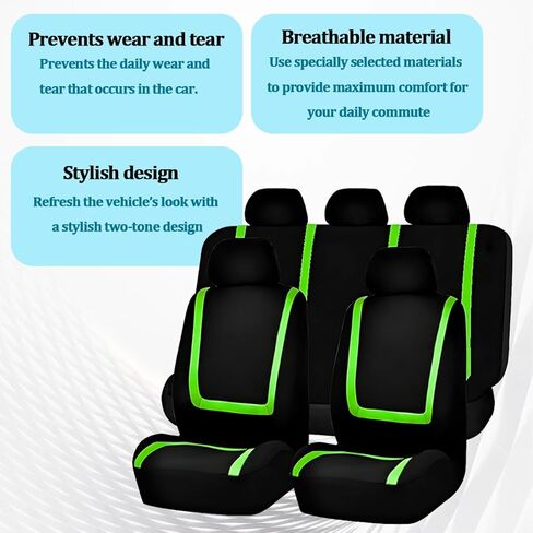 Car Seat Cover Full Set, Soft Breathable Vehicle Front and Rear Split Bench Seat Protector, Comfortable Auto Interior Chair Protection Cover, Universal for Truck SUV Sedan (Black/Green) in Saudi Arabia