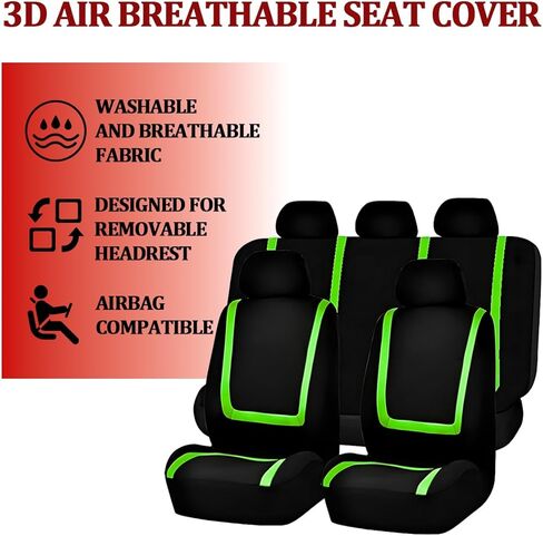 Car Seat Cover Full Set, Soft Breathable Vehicle Front and Rear Split Bench Seat Protector, Comfortable Auto Interior Chair Protection Cover, Universal for Truck SUV Sedan (Black/Green) in Saudi Arabia