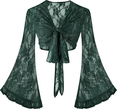 BB&KK Lace Tops for Women Flowy Long Bell Sleeve Tie Front Crop Boho Blouse 70s Outfit Rave Festival Hippie Top in Kuwait
