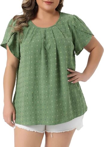 Agnes Orinda Plus Size Tops for Women Swiss Dot Crew Neck Tulip Short Sleeve Shirts Front Pleated Summer Blouse Top in Saudi Arabia