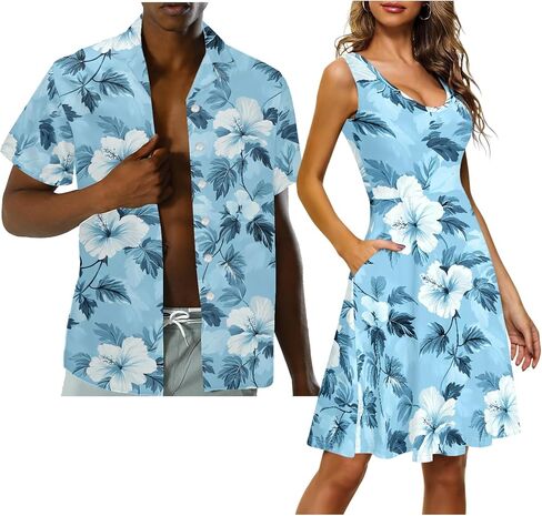 Matching Hawaiian Outfits for Couples - Women's Casual Dresses & Men's Hawaiian Shirt - His and Hers Summer Outfits in Kuwait