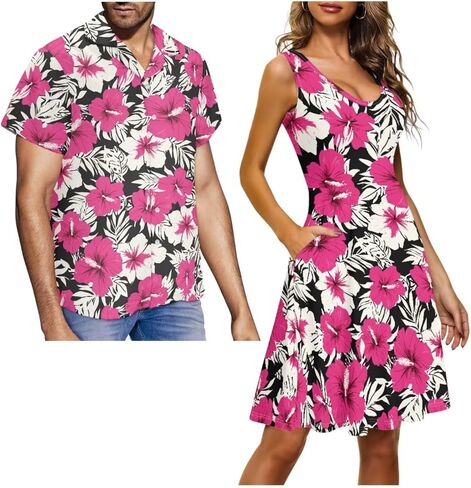 Matching Hawaiian Outfits for Couples - Women's Casual Dresses & Men's Hawaiian Shirt - His and Hers Summer Outfits in Kuwait