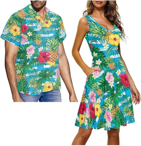 Matching Hawaiian Outfits for Couples - Women's Casual Dresses & Men's Hawaiian Shirt - His and Hers Summer Outfits in Kuwait