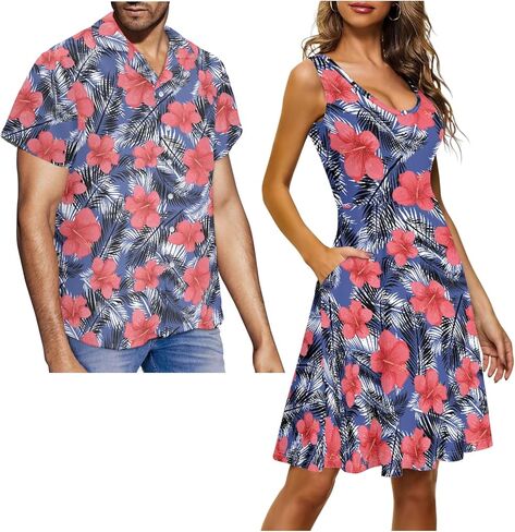 Matching Hawaiian Outfits for Couples - Women's Casual Dresses & Men's Hawaiian Shirt - His and Hers Summer Outfits in Kuwait
