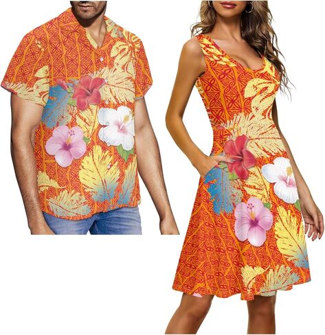 Matching Hawaiian Outfits for Couples - Women's Casual Dresses & Men's Hawaiian Shirt - His and Hers Summer Outfits in Kuwait