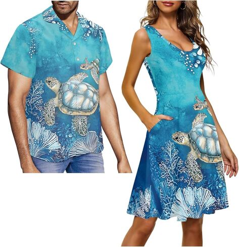 Matching Hawaiian Outfits for Couples - Women's Casual Dresses & Men's Hawaiian Shirt - His and Hers Summer Outfits in Kuwait