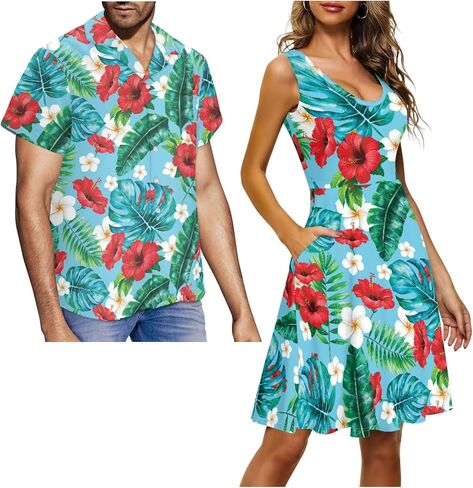 Matching Hawaiian Outfits for Couples - Women's Casual Dresses & Men's Hawaiian Shirt - His and Hers Summer Outfits in Kuwait