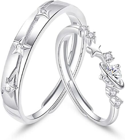 مجموعة خواتم الوعد من Dainty Star للنساء والرجال S925 من الفضة الإسترلينية والكريستال CZ المتطابقة للزوجين مفتوحة وقابلة للتعديل ونجمة الحظ له وإصبعها خاتم الذكرى السنوية والمجوهرات هدية الخطوبة والزفاف in Saudi Arabia