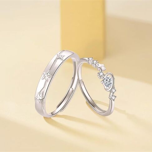مجموعة خواتم الوعد من Dainty Star للنساء والرجال S925 من الفضة الإسترلينية والكريستال CZ المتطابقة للزوجين مفتوحة وقابلة للتعديل ونجمة الحظ له وإصبعها خاتم الذكرى السنوية والمجوهرات هدية الخطوبة والزفاف in Saudi Arabia