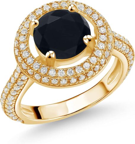 Gem Stone King 18K Yellow Gold Plated Silver Round Black Onyx and White Moissanite Women Ring | 2.32 Cttw | Gemstone Birthstone | Wedding Engagement Anniversary Promise Ring For Women in Saudi Arabia