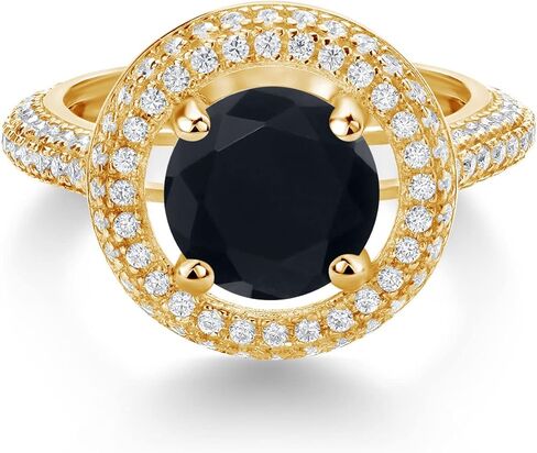Gem Stone King 18K Yellow Gold Plated Silver Round Black Onyx and White Moissanite Women Ring | 2.32 Cttw | Gemstone Birthstone | Wedding Engagement Anniversary Promise Ring For Women in Saudi Arabia