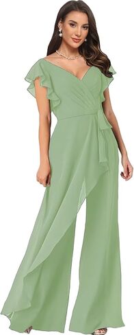 Women's V Neck Jumpsuit with Ruffled Sleeves Chiffon Long Wedding Guest Outfit for Women LU197 in Saudi Arabia