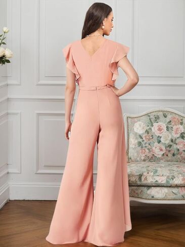 Women's V Neck Jumpsuit with Ruffled Sleeves Chiffon Long Wedding Guest Outfit for Women LU197 in Saudi Arabia