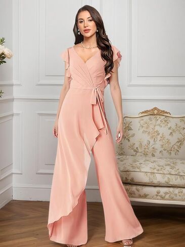 Women's V Neck Jumpsuit with Ruffled Sleeves Chiffon Long Wedding Guest Outfit for Women LU197 in Saudi Arabia