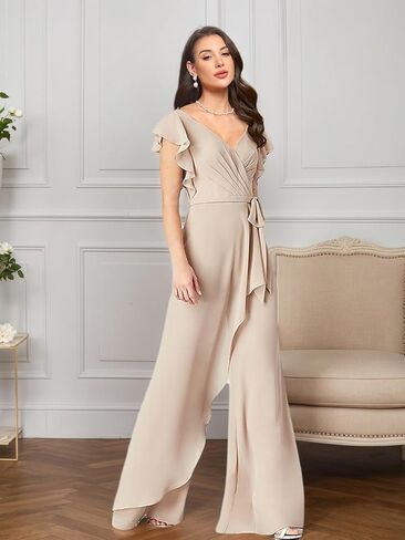 Women's V Neck Jumpsuit with Ruffled Sleeves Chiffon Long Wedding Guest Outfit for Women LU197 in Saudi Arabia