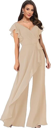 Women's V Neck Jumpsuit with Ruffled Sleeves Chiffon Long Wedding Guest Outfit for Women LU197 in Saudi Arabia