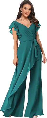 Women's V Neck Jumpsuit with Ruffled Sleeves Chiffon Long Wedding Guest Outfit for Women LU197 in Saudi Arabia