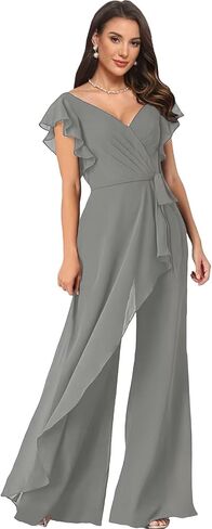 Women's V Neck Jumpsuit with Ruffled Sleeves Chiffon Long Wedding Guest Outfit for Women LU197 in Saudi Arabia
