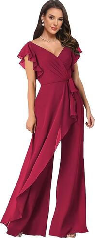 Women's V Neck Jumpsuit with Ruffled Sleeves Chiffon Long Wedding Guest Outfit for Women LU197 in Saudi Arabia