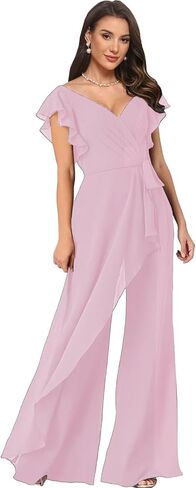 Women's V Neck Jumpsuit with Ruffled Sleeves Chiffon Long Wedding Guest Outfit for Women LU197 in Saudi Arabia